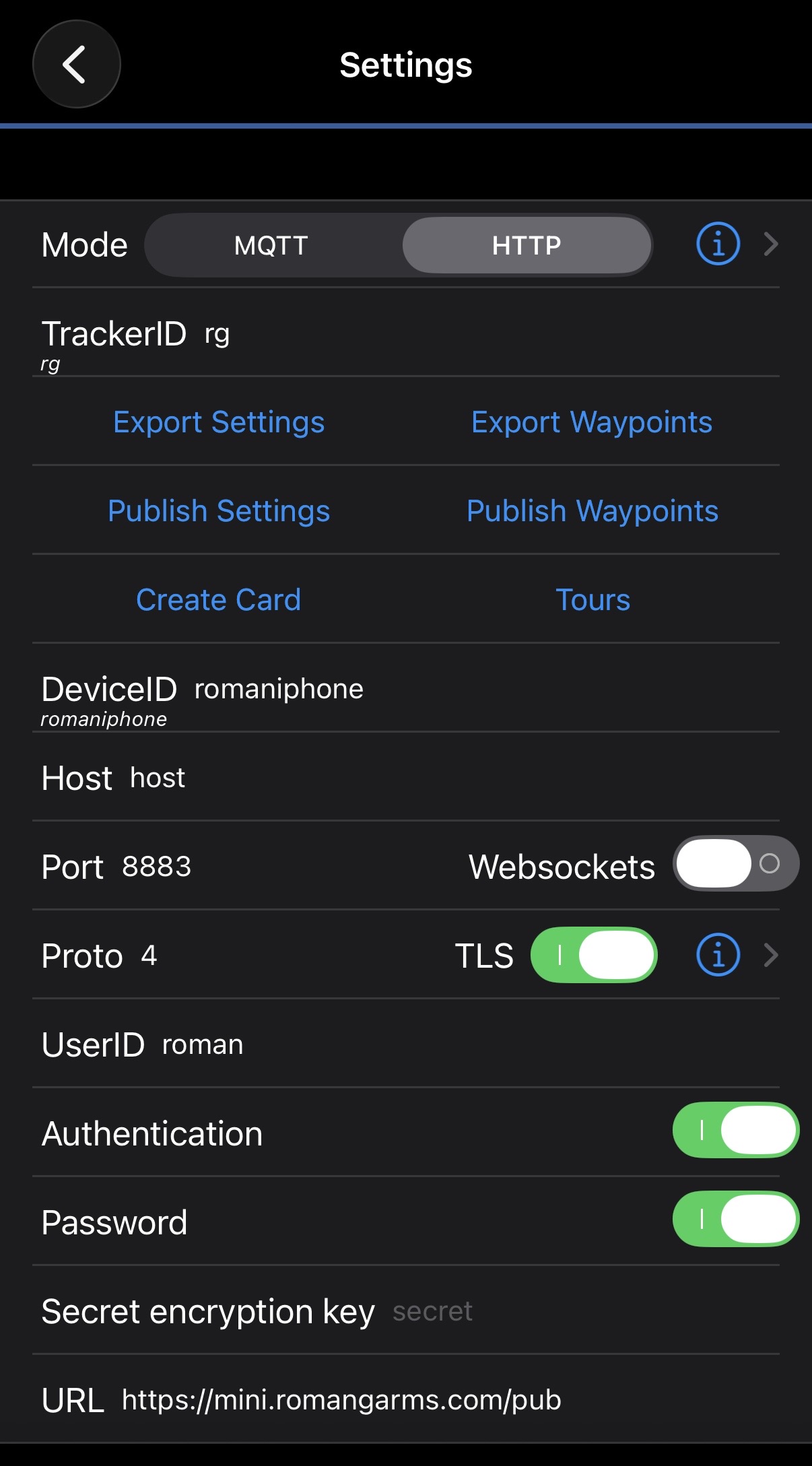 OwnTracks settings screen showing Mode, DeviceID, UserID, Password, and URL fields